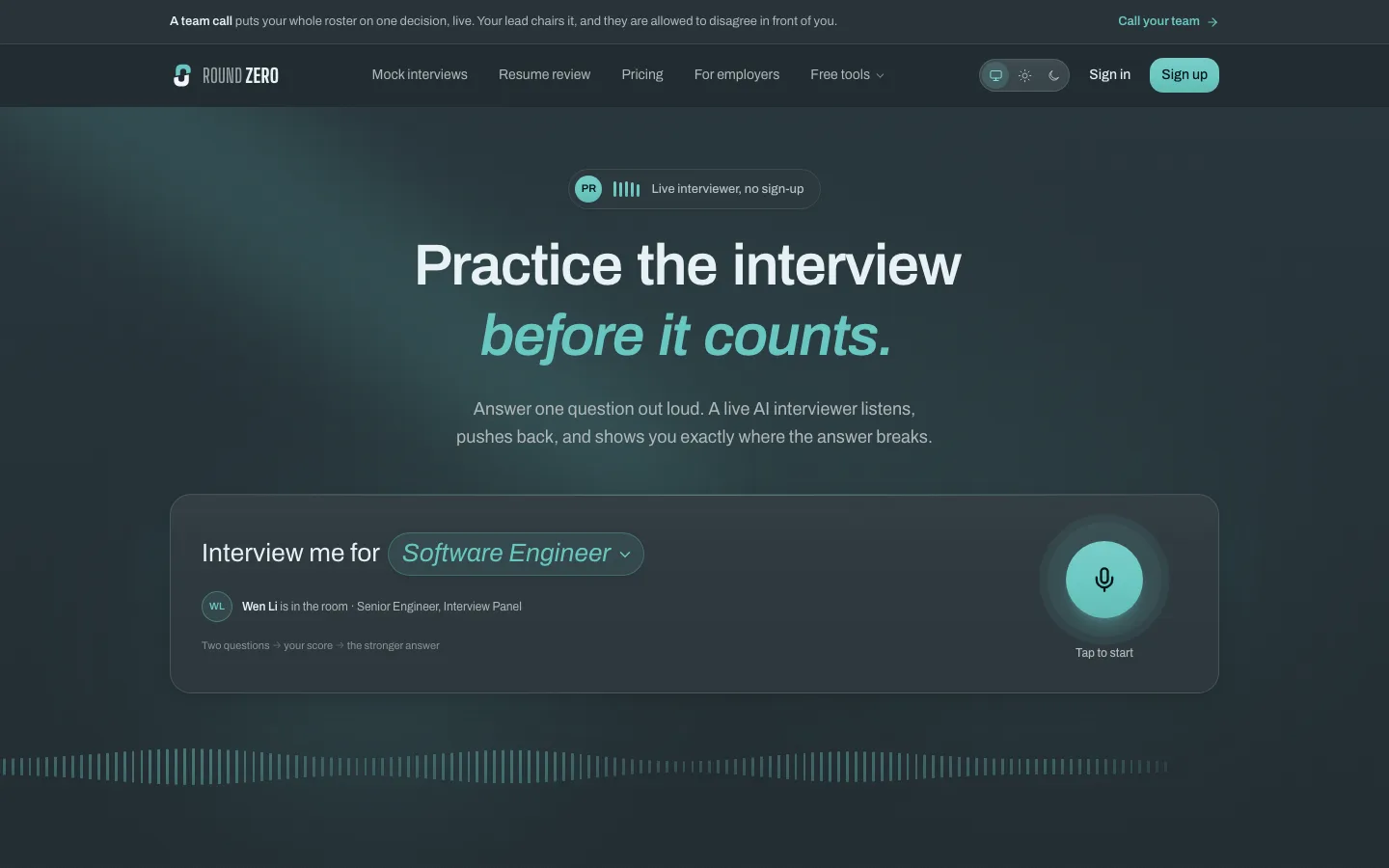 The Round Zero homepage: practice the interview before it counts