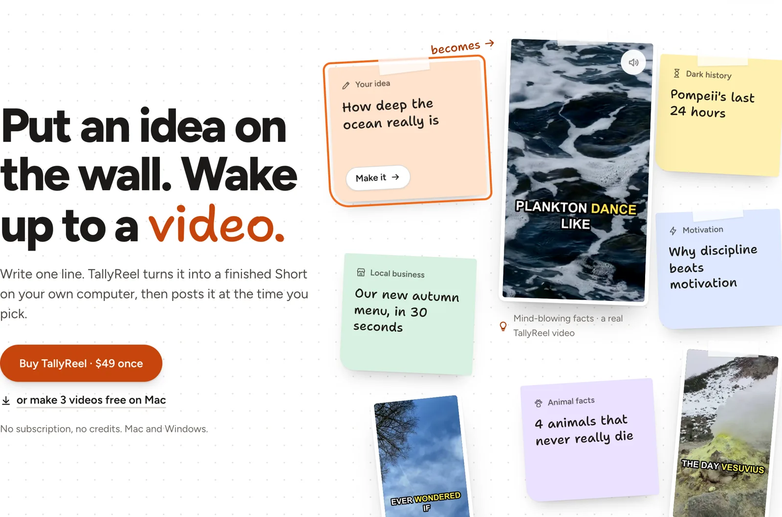 The TallyReel site: sticky-note ideas pinned beside the videos they became